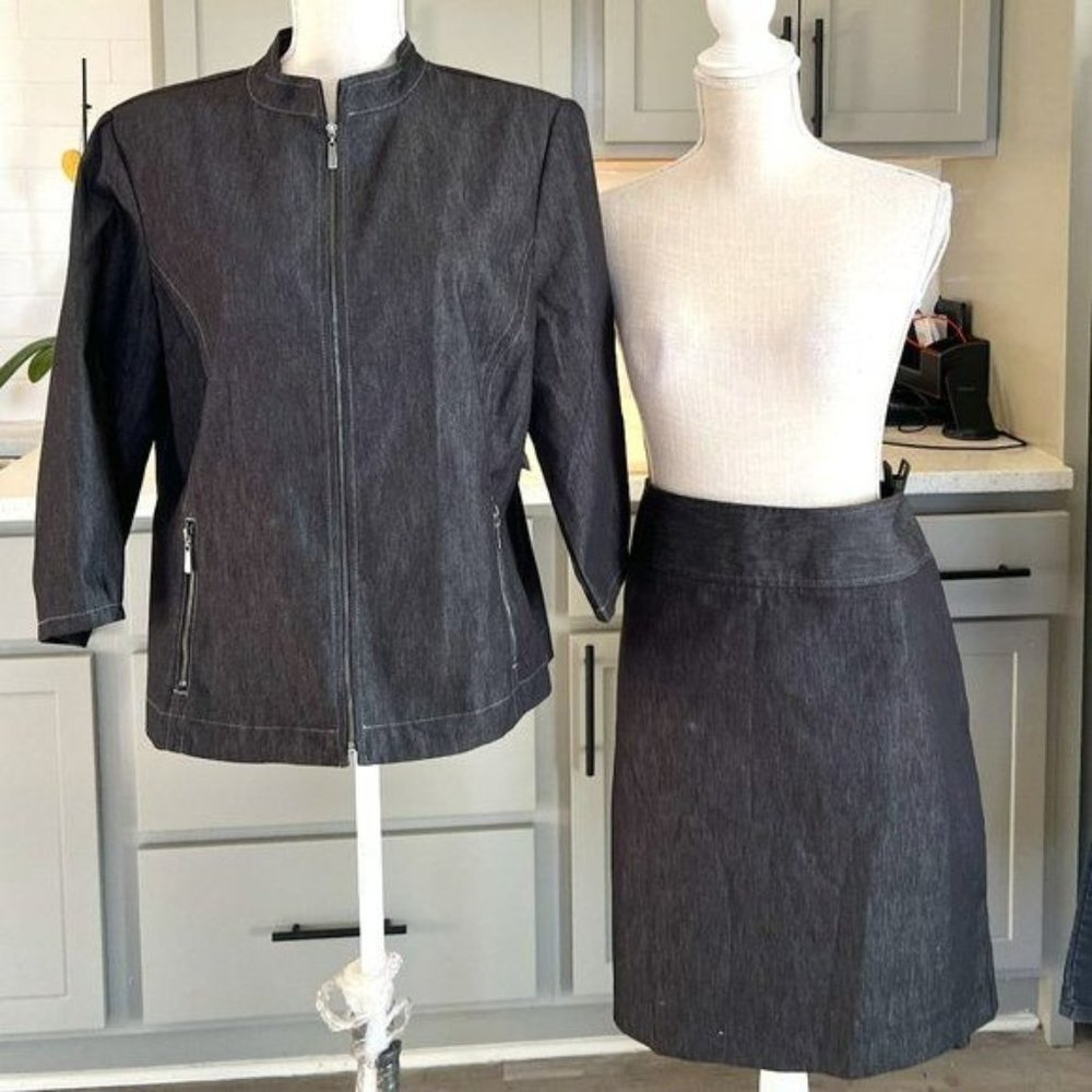 Point of View Jacket Skirt Two Piece Set Denim Gray Both Size 16 NWT